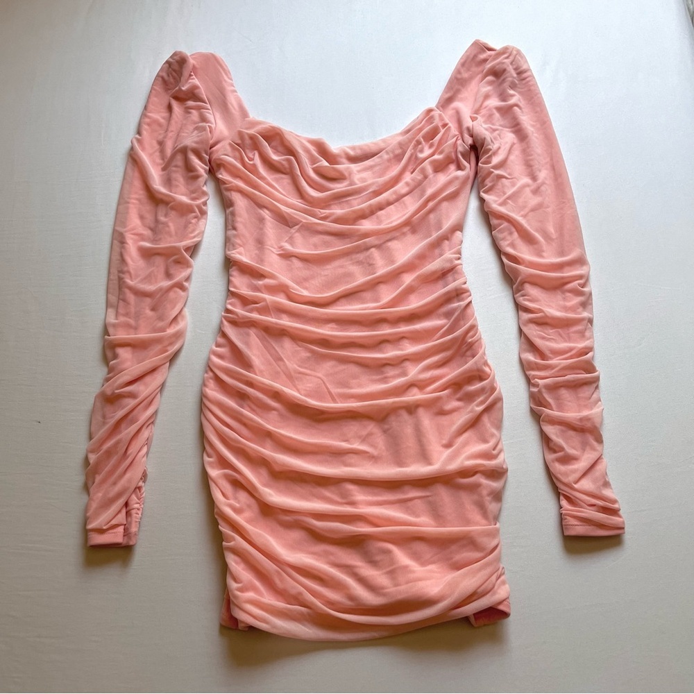 OH POLLY‎ Peach pink knit ruched bodycon long sleeve mini dress